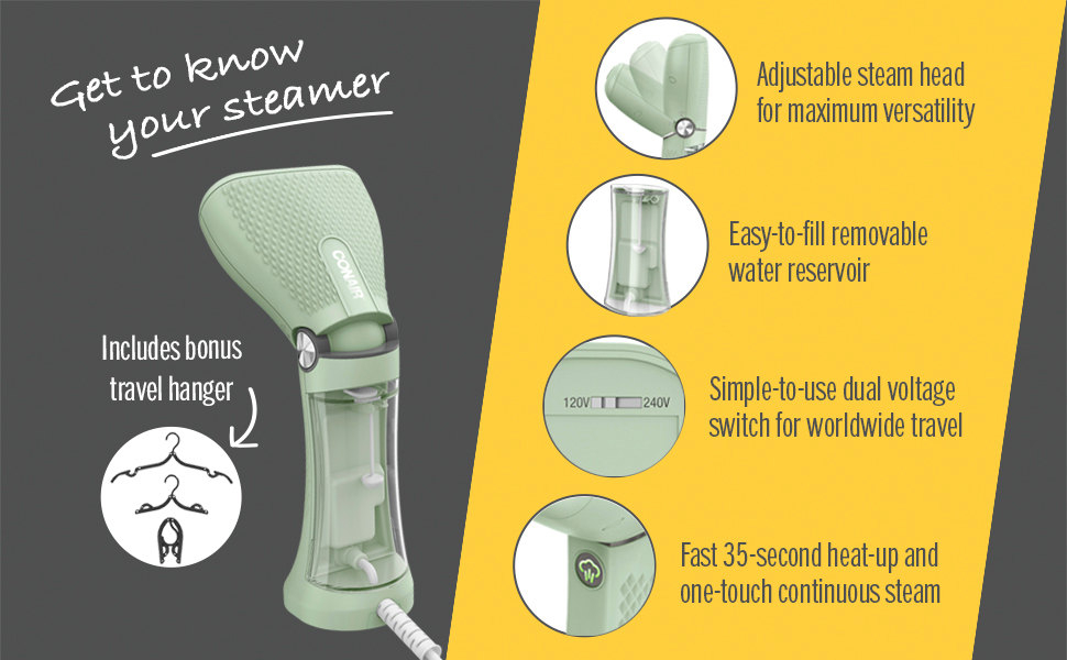 Adjustable steam head, fast 35 seconds heat-up, dual voltage switch